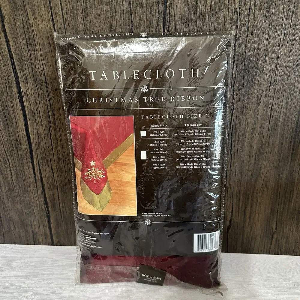 Bed Bath & Beyond Christmas Tree Ribbon Tablecloth Oblong 60x84 Burgundy NWT